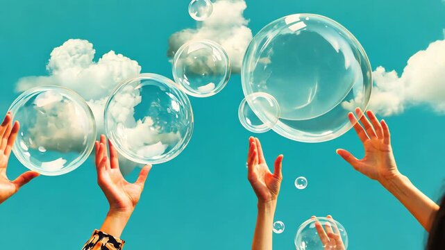 Collage picture artwork of people arms holding bubbles clouds speech element communication Video