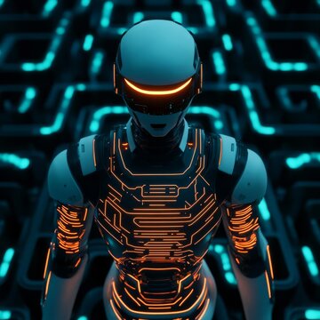 Cybernetic robot with glowing circuits, navigating a labyrinth of alien technology