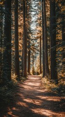 Fototapeta premium Serene Pathway Through Tall Trees in a Forest