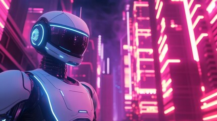 Fototapeta premium Futuristic robot exploring a neon-lit city under a dark sky, glowing buildings towering overhead