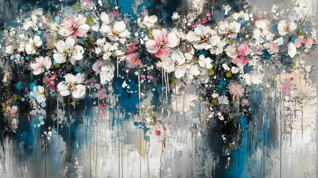 A colorful abstract painting of white and pink flowers with a blue background