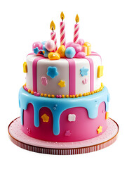 3D cartoon birthday cake with candles isolated on white background
