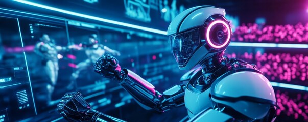 Fototapeta premium Futuristic robot gladiator fighting in an arena filled with neon lights and holographic spectators