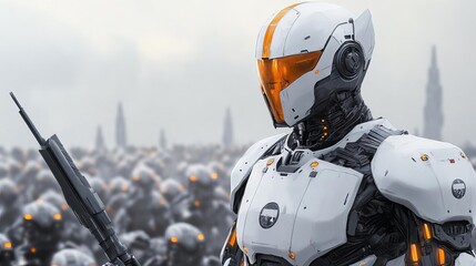 Futuristic robot knight defending a human colony from a horde of alien invaders