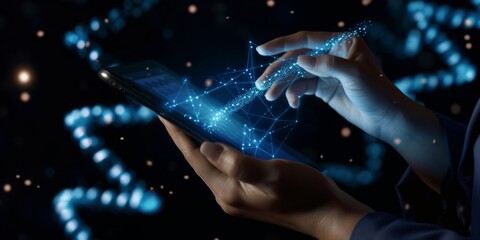 Hand Interacting with a Glowing Digital Network on a Smartphone