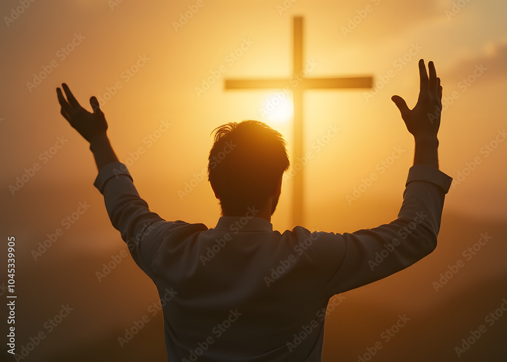 Poster human rises with arms up in a spiritual gesture over a blurred cross background of fading light.