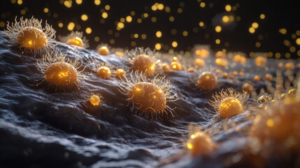 Fototapeta premium Microscopic Life: A mesmerizing close-up of glowing, spherical cells, pulsating with life, set against a backdrop of a dark, textured surface. The image evokes a sense of wonder and mystery.