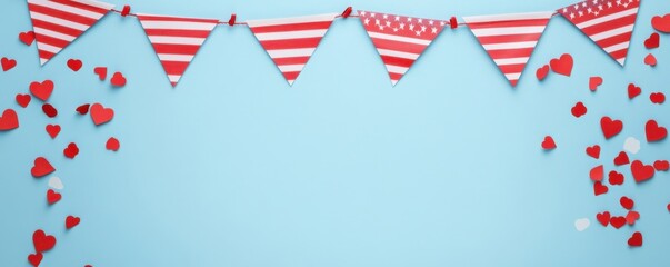 Obraz premium Colorful red and white bunting with heart confetti against a blue background, ideal for festive celebrations, love-themed events, or parties.