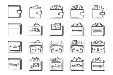 Wallet and Money Icons Set. Outline symbols collection. Concept of economics and finance. Vector illustration.