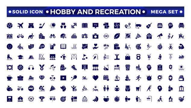 Hobby and recreation solid icons collection. Hobbies for children and adults at home and outdoors. Sports, diving, dancing, reading, drawing, music and singing, collecting, chess, astronomy.