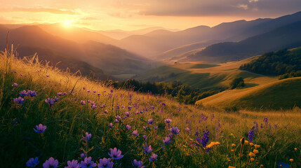 Summer sunrise in a mountain valley in Slovakia, with rolling hills and vibrant wildflowers in the morning ligh