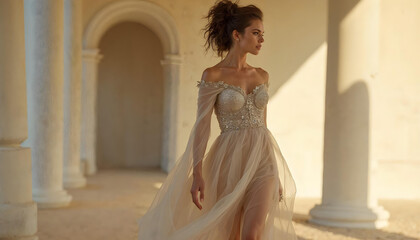 Obraz premium Stylish Evening Walk - Beautiful model in a custom elegant dress