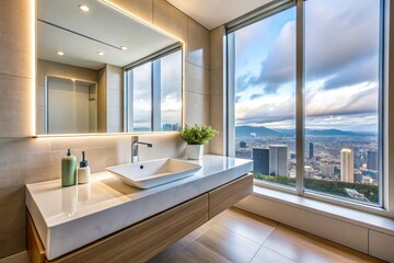 Fototapeta premium Clean and modern bathroom with white sink and mirror for refreshing morning routines