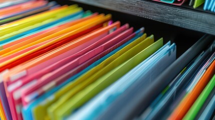 Colorful file folders arranged neatly in a modern storage drawer, showcasing vibrant colors and organized workspace.