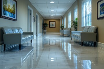 Empty spacious corridor with modern furniture. Hospital hall, interior, hospital, building, room