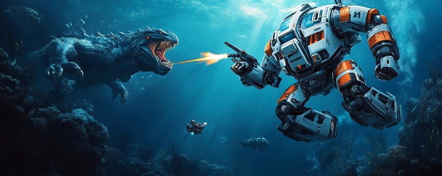 Giant robot battling a sea monster in the depths of a futuristic ocean