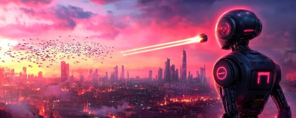 Giant robot defending a futuristic city from a swarm of alien invaders, lasers firing across the sky