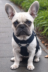 Fototapeta premium Dogs. French bulldog in a beautiful collar, harness with rhinestones.