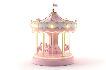 Carnival Carousel with intricately decorated horses Isolated on White Background. Colorful Carnival swing ride 3D Render 