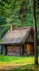 Rustic Wooden Cabin with Thatched Roof in Forest