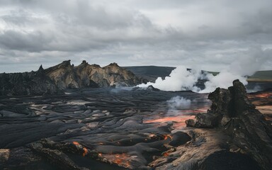 Volcanic Landscape with Lava Fields &ndash; Dramatic Terrain