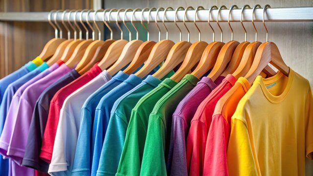 Closet rack with colorful plain t-shirts on hangers