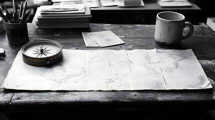Chipped Marble Counter Adorned with an Old Compass, Worn Playing Cards, and Scattered Ink Pens