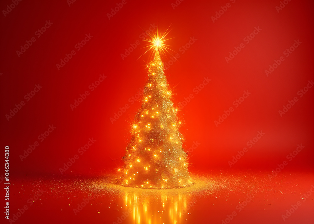 Poster golden glitter shines on a red background under a shining christmas tree with sparkling lights.