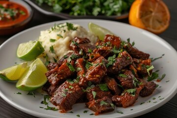 A plate of carne de sol, sun-dried beef served with mashed cassava, garnished with fresh herbs and lime wedges