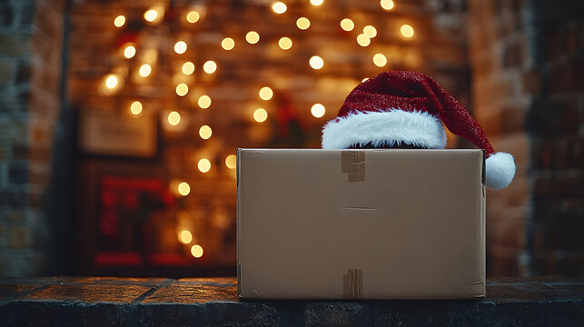 Festive Freight: The Perfect Holiday Promotion with a Cheerful Santa Hat on a Moving Box in a Christmas Setting