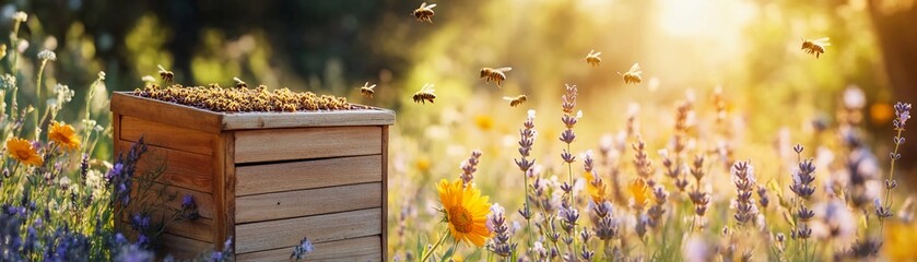 A wooden beehive box set in a vibrant, wildflower meadow, with bees buzzing around and flowers