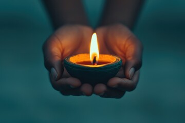 Hands preparing a diya oil lamp for Diwali, delicate details, flickering flame, spiritual reflection, cultural heritage