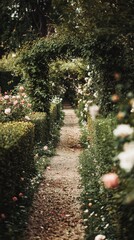 Fototapeta premium Serene Garden Pathway Lined with Tall Hedges