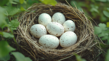 Obraz premium Close-up of a white bird eggs arranged in a nest of straw grass.