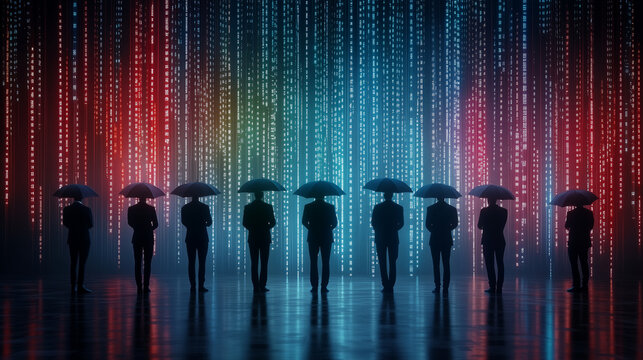 A team of businesspeople standing under multiple umbrellas, with colorful data raining down in vibrant reds and greens.
