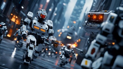 Giant robots fighting off an alien invasion in the streets of a futuristic city