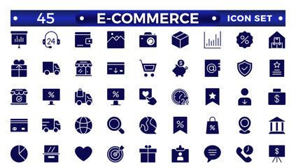 E-commerce solid icon set. Online shopping and delivery elements. E-commerce set in in-line style. for mobile apps. Business, shop, digital marketing, bank card, gifts, sale, delivery,money,discount.
