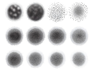 Abstract set of black stipple spray circle, dotted monochrome elements isolated on white background. Dissolving points, noise gradient