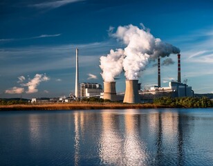 Industrial Factory Emissions Over Water Depicting Environmental Impact