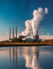 Industrial Factory Emissions Over Water Depicting Environmental Impact