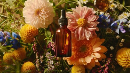 A sleek bottle of body serum placed next to fresh flowers and essential oils, promoting a rejuvenating skincare routine
