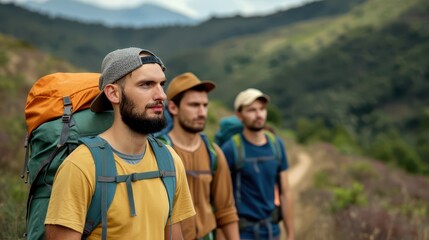 Three hikers explore nature trails, equipped with backpacks and ready for adventure in the mountains, enjoying the outdoor experience.