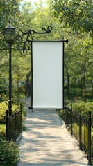 Fototapeta premium A blank outdoor sign mockup is displayed in a park along a neatly paved walking path