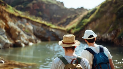 Two friends exploring a scenic river surrounded by hills, enjoying nature on a sunny day with hats and backpacks.