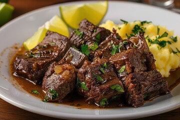 A plate of carne de sol, sun-dried beef served with mashed cassava, garnished with fresh herbs and lime wedges