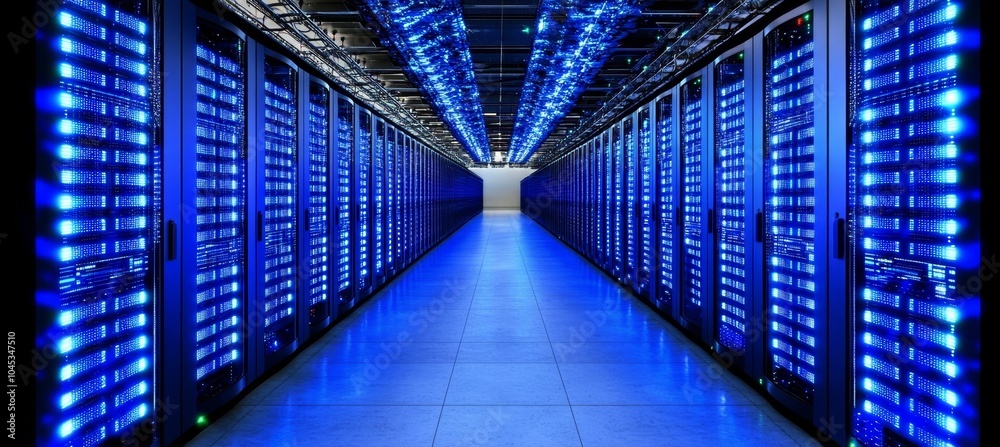 Poster server room. modern data center with rows of network servers and supercomputers, big data concept.