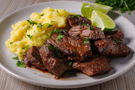 A plate of carne de sol, sun-dried beef served with mashed cassava, garnished with fresh herbs and lime wedges