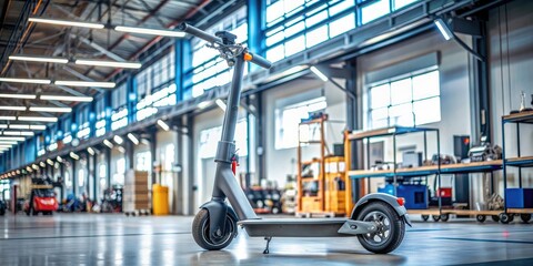 Electric scooter displayed in a clean repair shop with modern technology emphasis , electric scooter