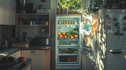 Open refrigerator filled with fresh produce in sunlit kitchen