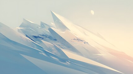 Minimalistic, abstract mountains formed from triangular shapes in muted colors, positioned against a pale sky with soft gradient lighting.